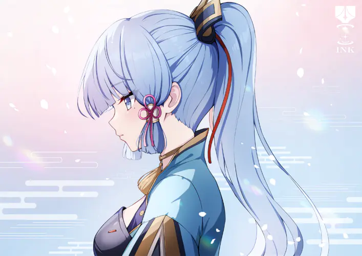 蓝色长发女孩的4K动漫壁纸 极简主义风格，花瓣背景