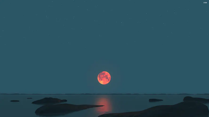 满月下的海洋 红月光4K自然壁纸，宁静的天空与水之交响