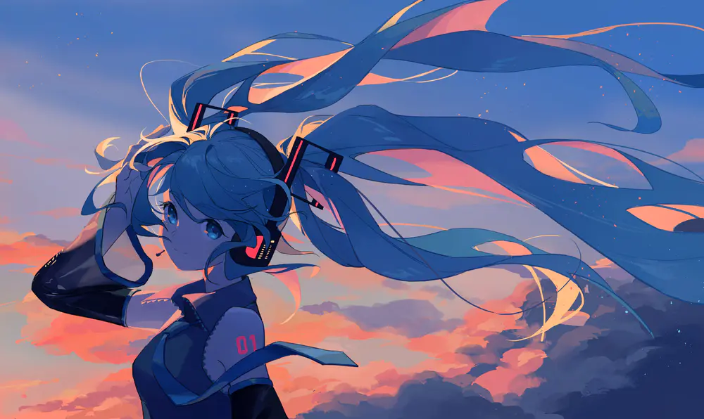 蓝色双马尾少女唯美天空壁纸