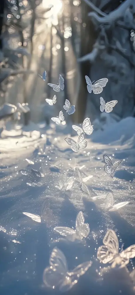 冬日雪地晶莹蝴蝶飞舞壁纸