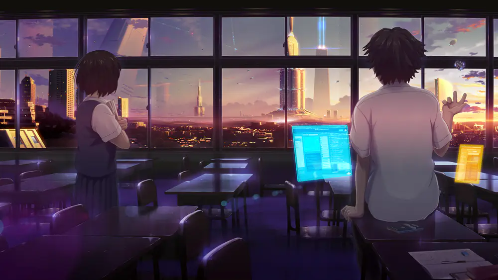 4K壁纸 教室、AI艺术、未来主义与科幻小说中的摩天大楼与城市日落