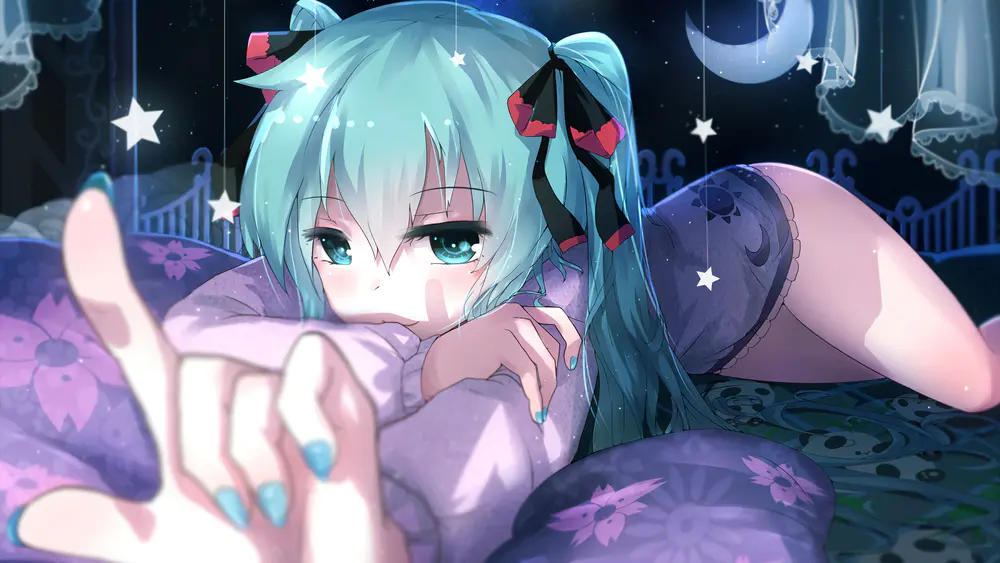 蓝色双马尾少女星月梦境壁纸