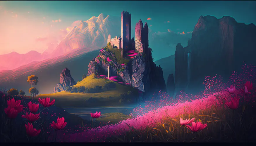梦幻艺术插图 紫色城堡与粉色花的4K壁纸