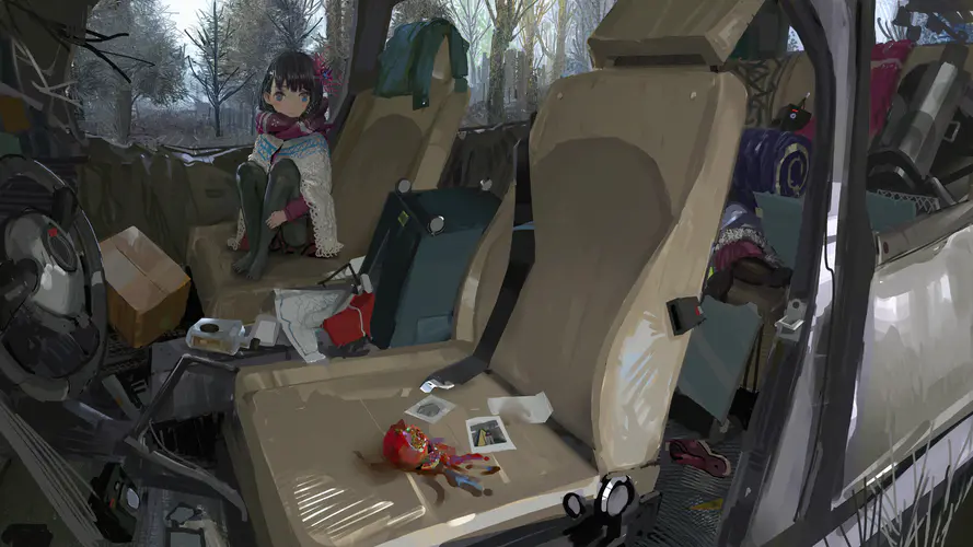 原创 人物 刘海 坐着 画 黑头发 花 围巾 遗弃 树 环境 汽车 动漫 莫伊勒 女孩 AI艺术 4K壁纸