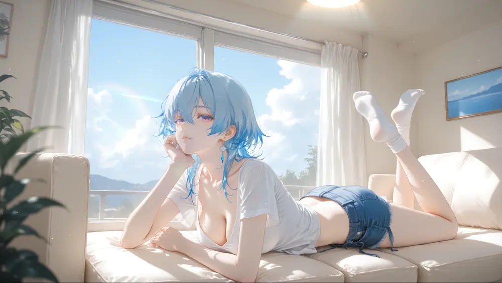阳光卧室蓝发少女慵懒居家唯美动漫壁纸