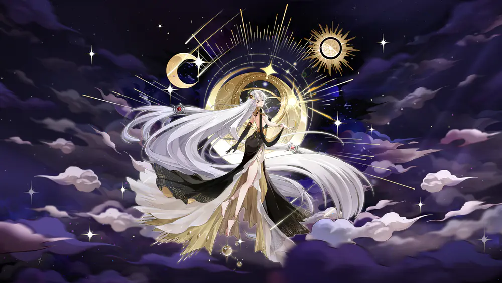 长发 白发 红眼睛 动漫 女孩 云 月亮 太阳 光环明星 4K壁纸