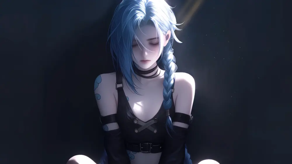 蔚蓝长辫少女沉思壁纸 蓝色头发女孩安静壁纸 动漫少女闭眼冥想壁纸