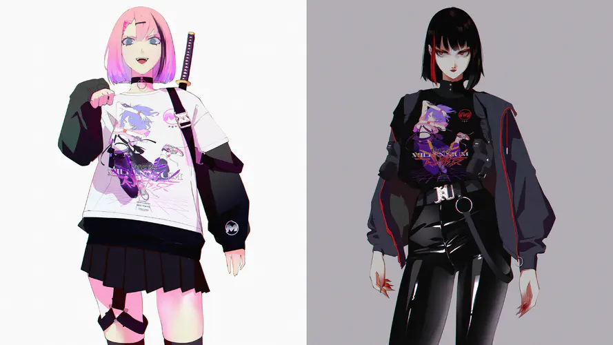 动漫女孩 粉色头发与蓝色眼睛的原创角色，搭配红色口红和皮夹克，呈现4K壁纸艺术