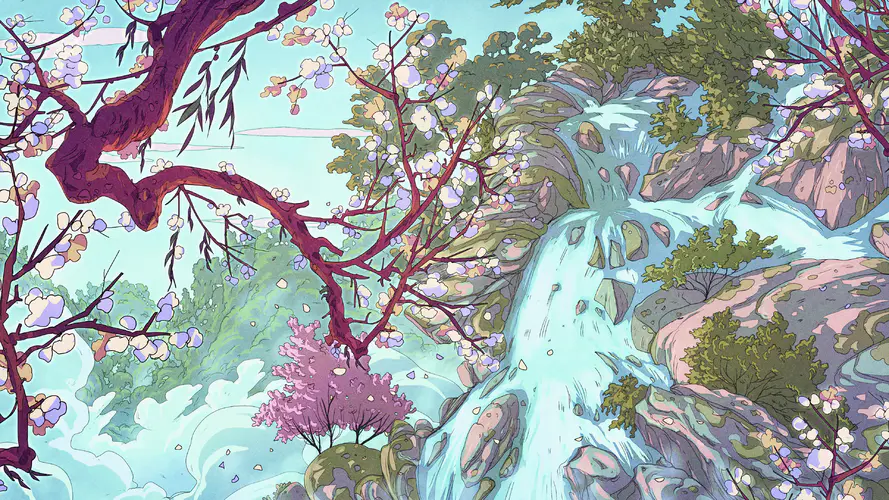 AI艺术 奇幻瀑布与花瓣之美 – 4K壁纸