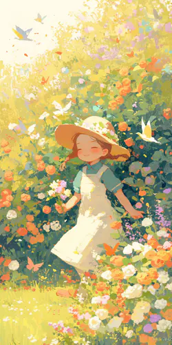 春日田园少女漫步插画高清手机壁纸