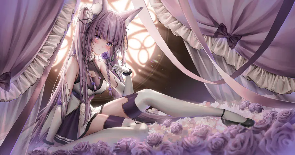 狐狸耳朵 狐耳 紫色头发 动漫 动漫女孩 玫瑰 丝袜 紫色眼睛 4K壁纸