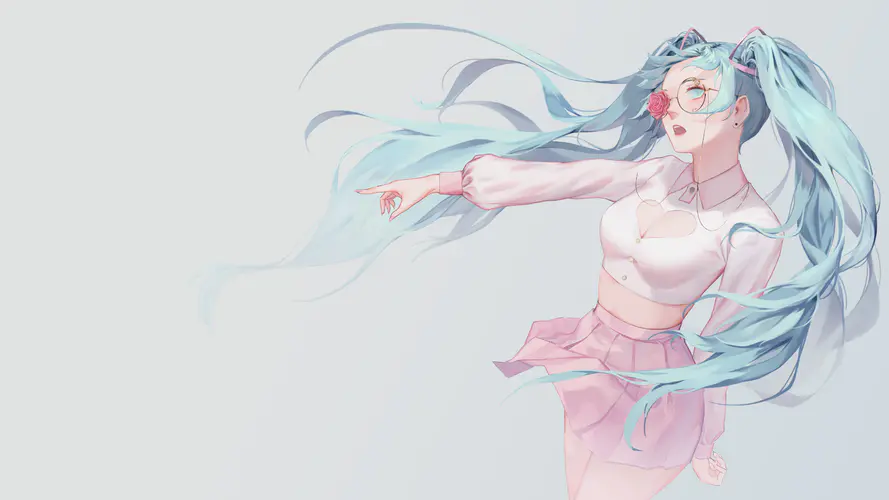 动漫女孩初音未来4K壁纸 时尚眼镜与红色花朵的完美搭配