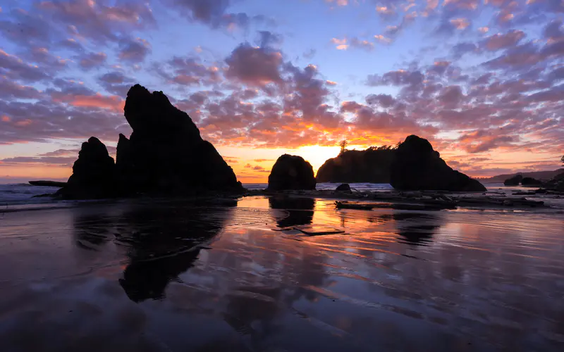 海岸 海滩 岩石 日落 奥林匹克国家公园 5K桌面壁纸5120×3200