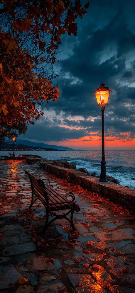 宁静海边长椅落日余晖壁纸