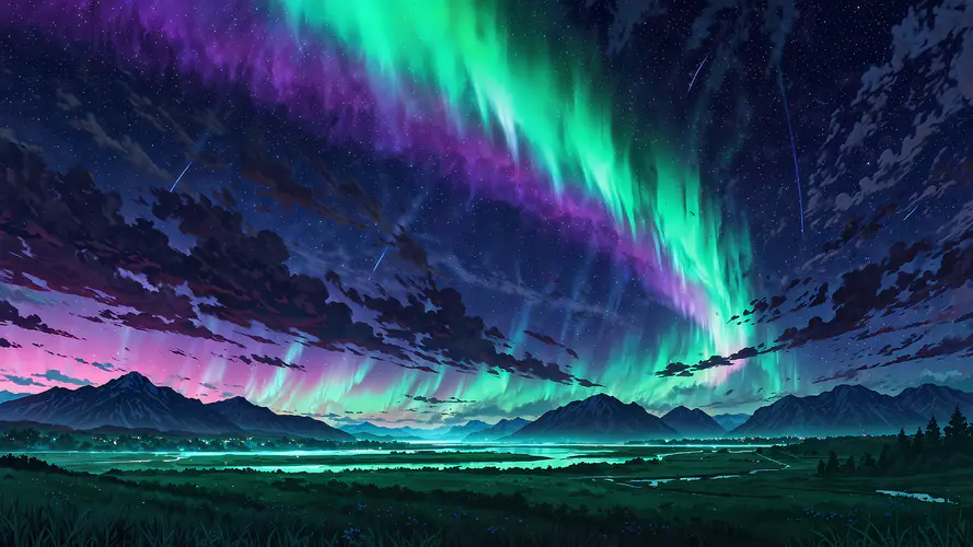 极光风景 4K高清壁纸，山脉与流星的绝美交响