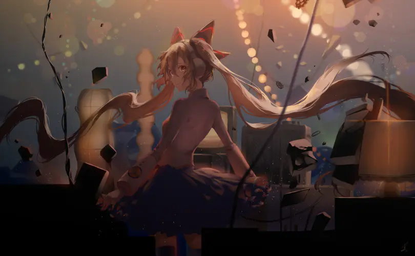 初音未来动漫女孩 长发、双尾、耳机，与灯光下的小提琴共舞——4K奇幻艺术插图壁纸