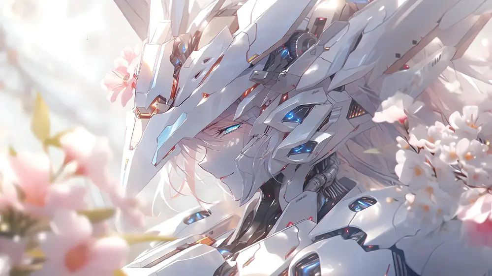 4K高清壁纸 白发女孩与机甲套装在鲜花中微笑的动漫人工智能场景