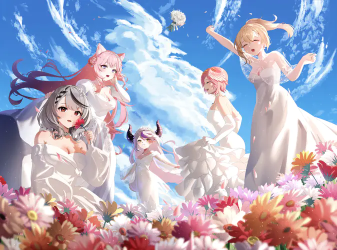 动漫女孩与鲜花的梦幻天空 4K高清壁纸，适合您的设备