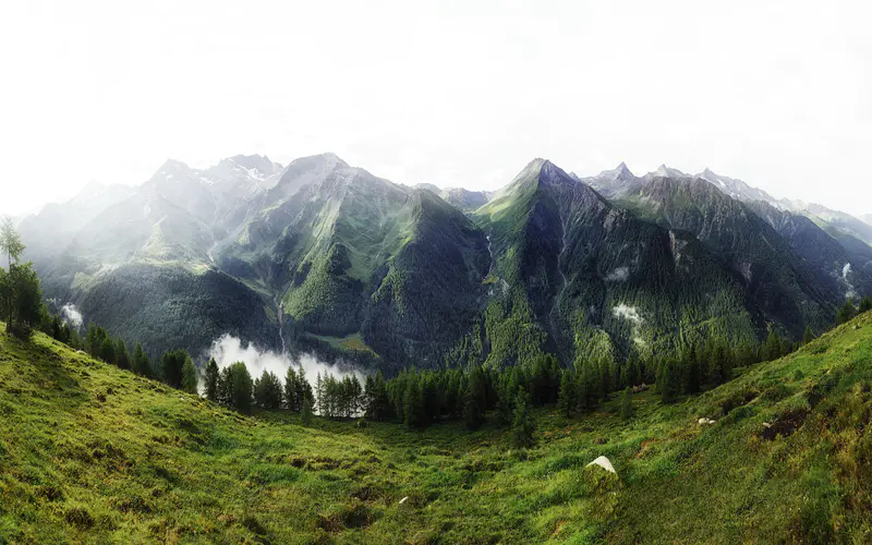 春天 山 草地 雾 山谷 绿色 5K桌面壁纸5120×3200