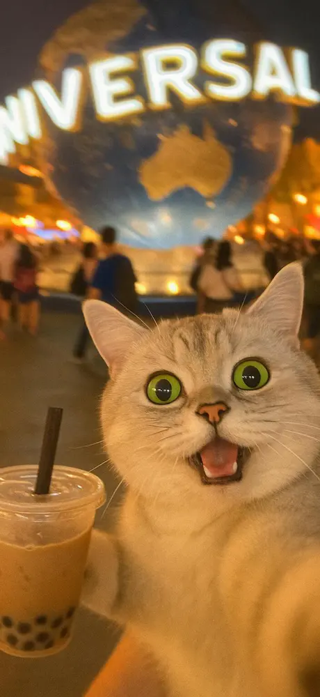 萌宠猫咪在环球影城喝奶茶自拍