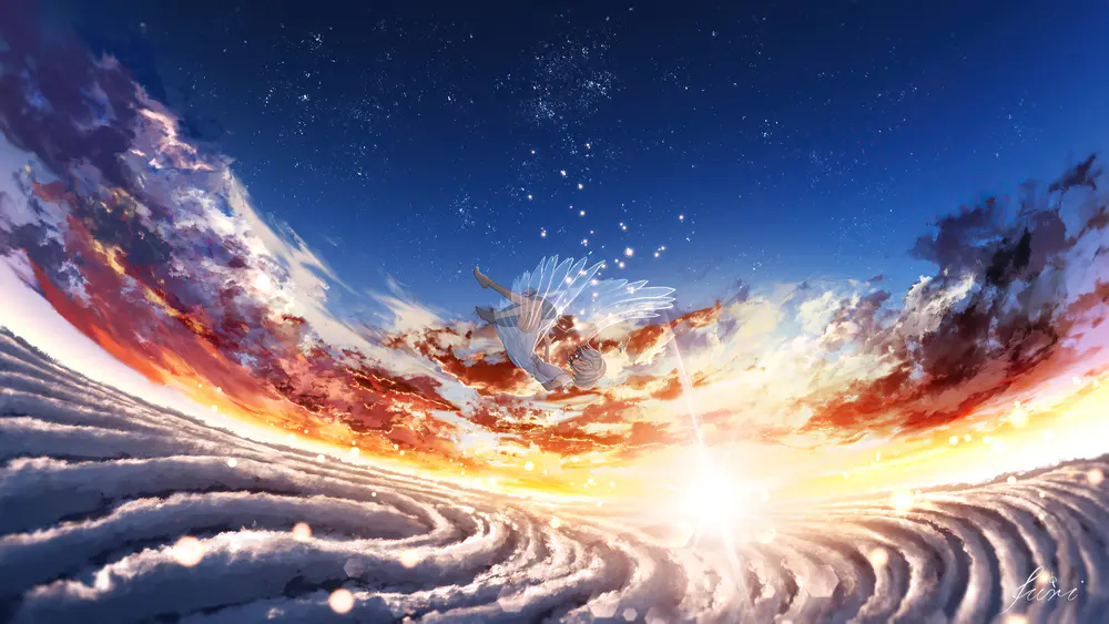 动漫女孩飘落的白发与星空下的日落 8K高清壁纸
