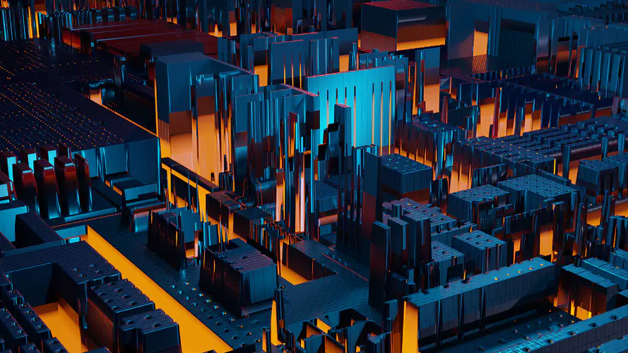 AI艺术插图 城市建筑模型，橙色与蓝色的灯光世界技术，4K壁纸