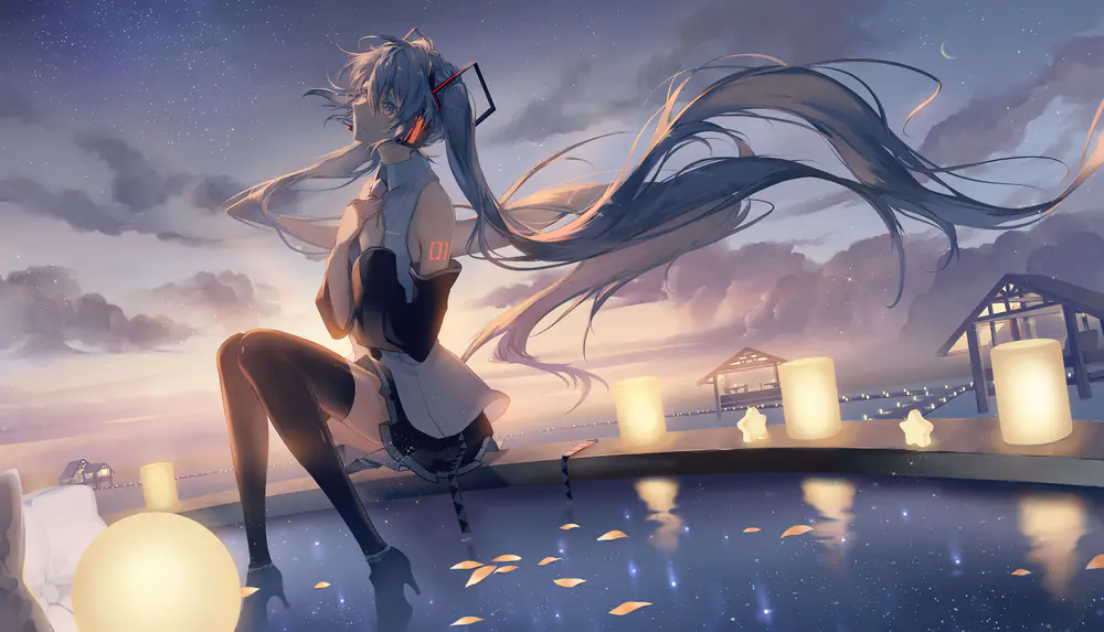 夜色水边初音未来灯笼意境壁纸