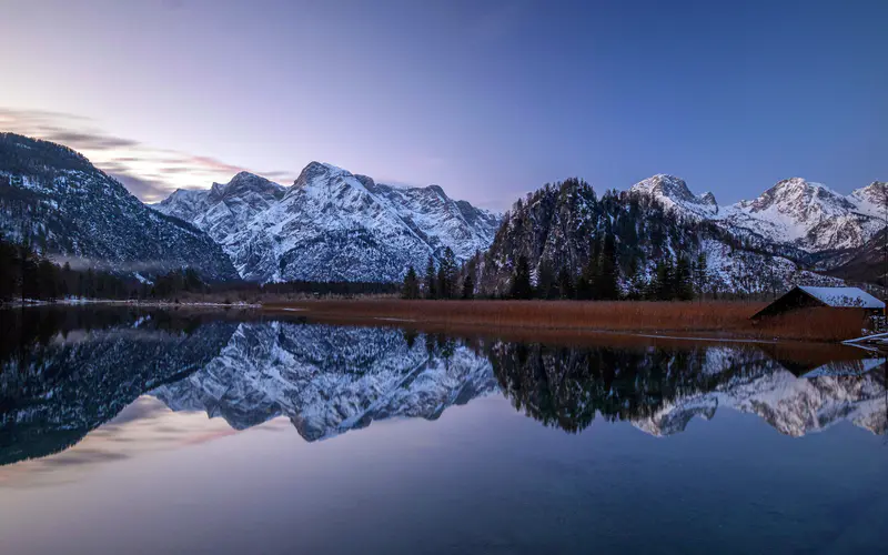 湖 日落 雪山 阿尔姆湖 奥地利 5K桌面壁纸5120×3200