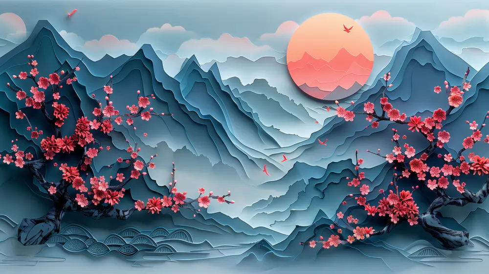 梦幻樱花与山水背景4K电脑桌面壁纸