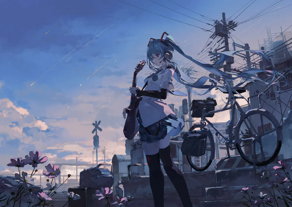 4K高清动漫壁纸：初音未来吉他少女夕阳街景电脑桌面壁纸