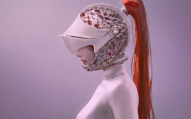 红发女性马尾辫长发AI艺术插图，极简主义背景下的头盔与白色衣服，4K壁纸