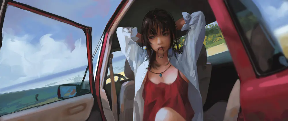 夏天 女孩 绑辫子 汽车3440×1440带鱼屏壁纸