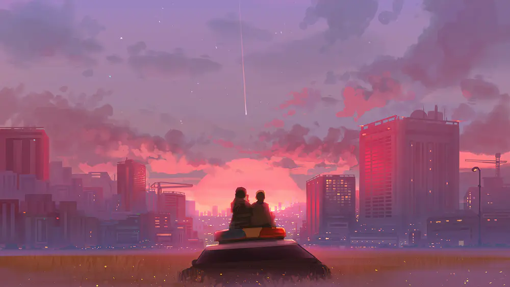 城市晚霞相依看流星