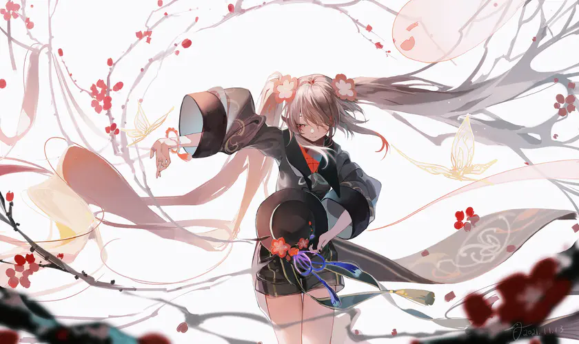 动漫女孩与樱花 4K高清壁纸，帽子和双马尾的完美搭配