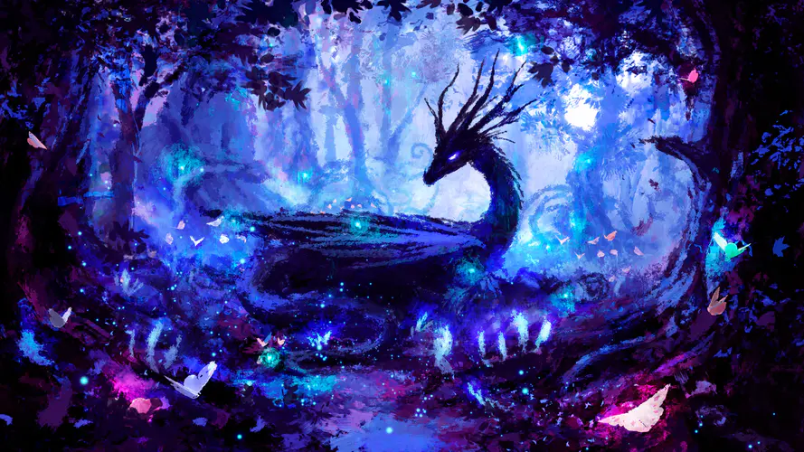 梦幻森林中的魔法生物 AI艺术创作的8K壁纸，夜晚灯光下的粉色与蓝色梦境