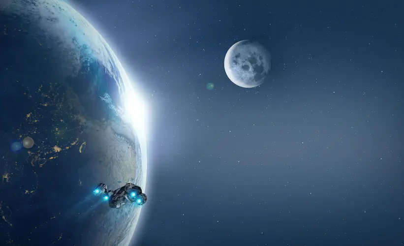 4K科幻宇宙飞船与行星壁纸 AI艺术、月球、星星与阳光