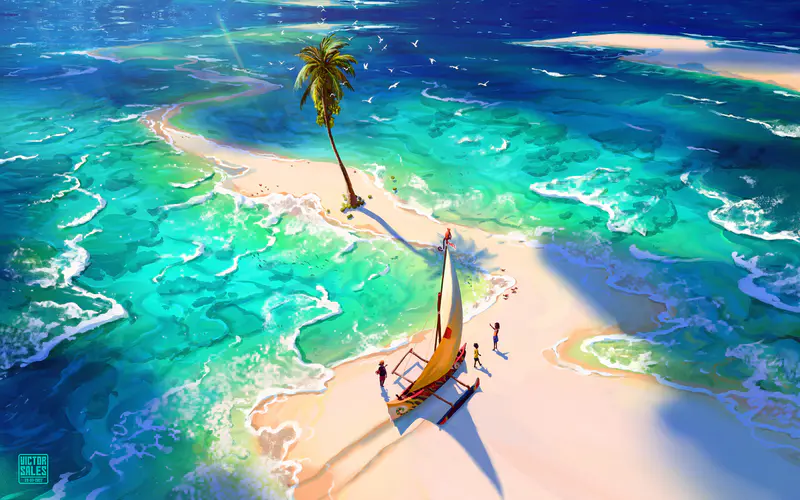 海 棕榈 海滩 帆船 插图 风景 5K桌面壁纸5120×3200