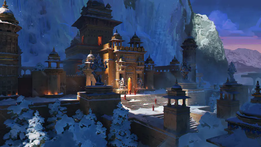 AI艺术创作的4K壁纸 雪景中的山与树，寺庙建筑之美