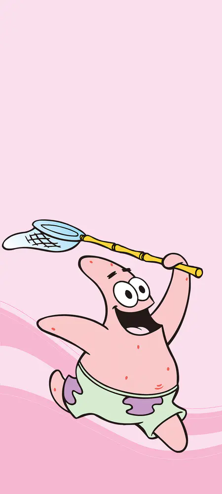派大星拿着捕水母网奔跑的粉色壁纸
