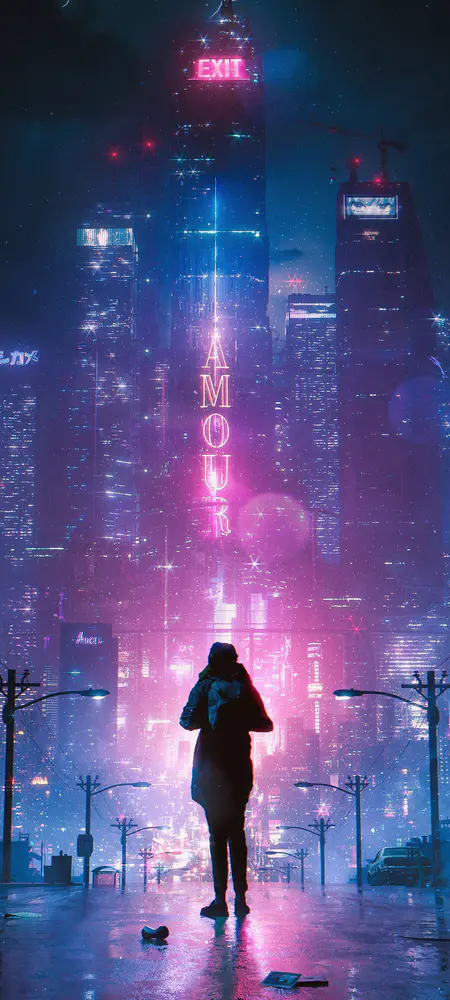 霓虹都市夜景中的孤独身影