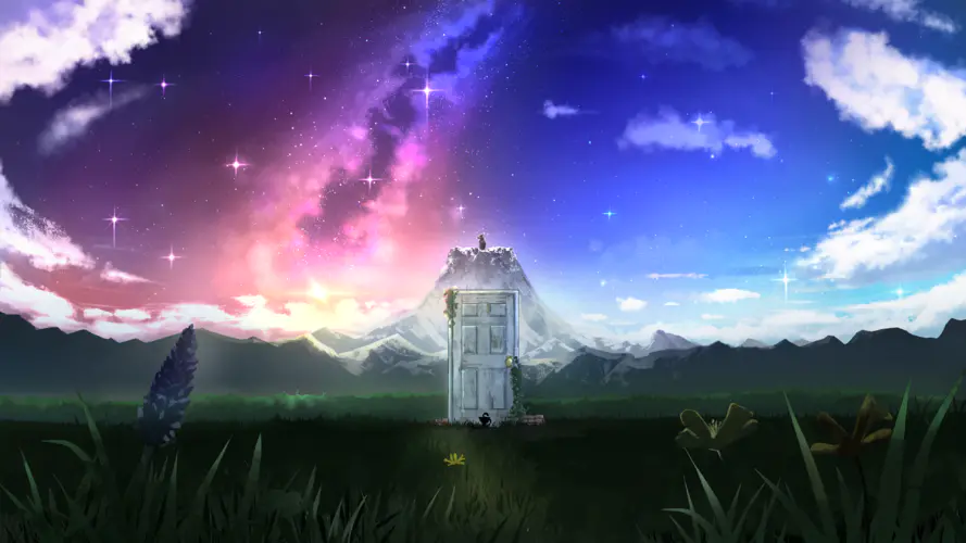 风景田野中的神秘门，自然山与星空相伴 AI艺术4K壁纸