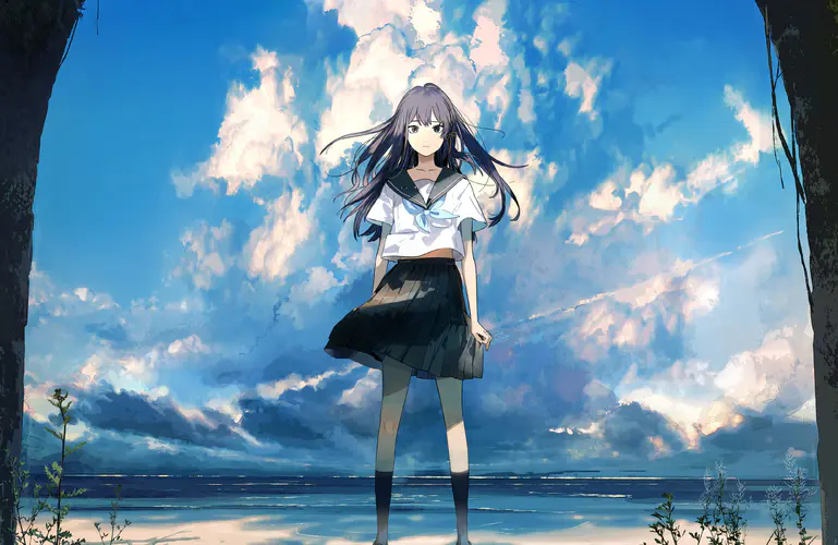 动漫女孩的海滩4K壁纸 天空与校服的美丽结合