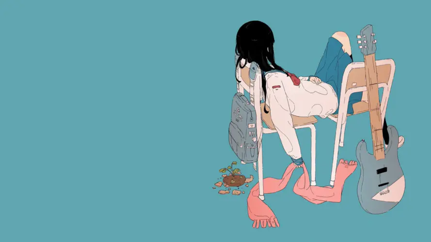 动漫女学生与吉他 蓝色背景下的简约壁纸