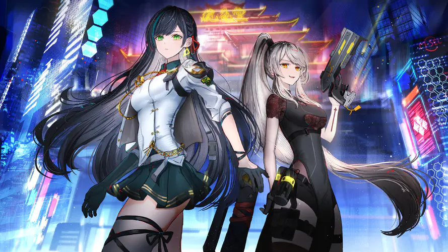 幻想塔中的动漫女孩 4K高分辨率壁纸，带有城市灯光背景