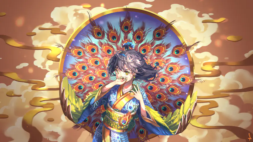奇幻女孩与孔雀羽毛 动漫风格的4K壁纸