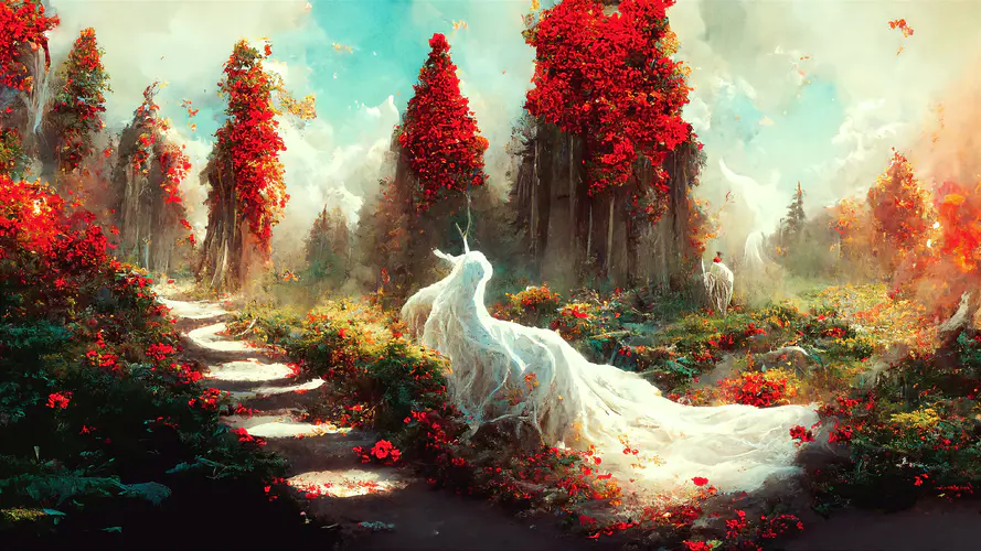 独角兽在红色花海中的梦幻风景 4K高清壁纸