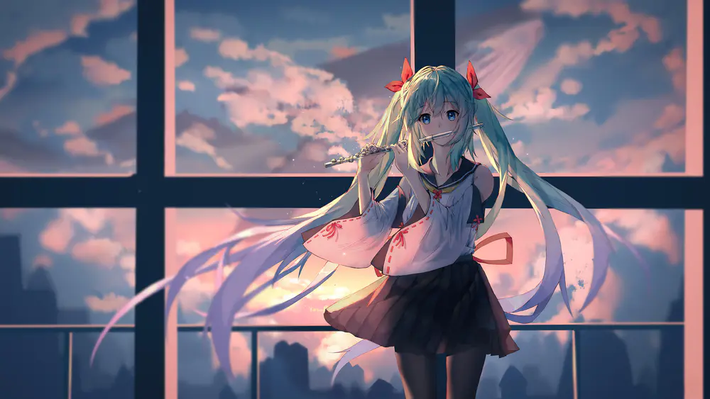 动漫少女窗边吹笛赏霞光