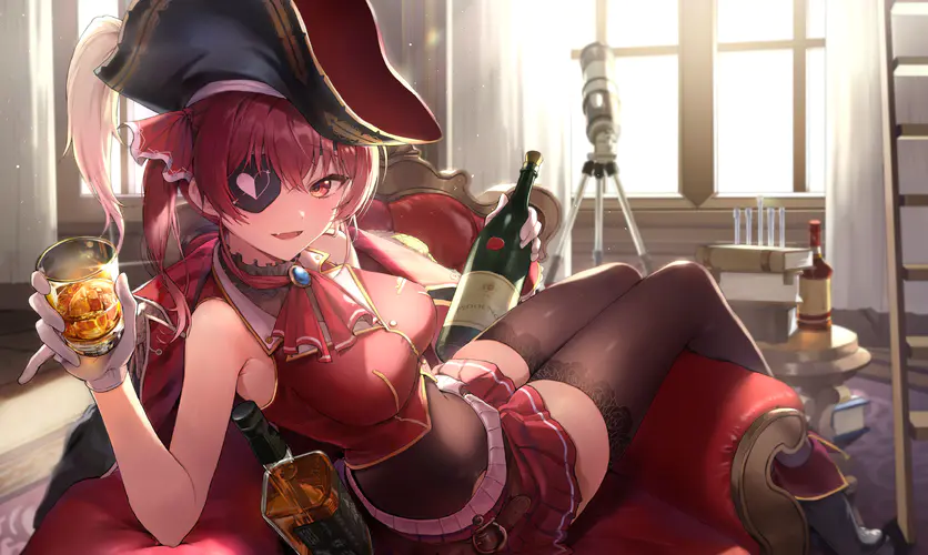 海洋 动漫 动漫女孩 红酒 眼罩 礼服 酒杯 沙发 4K壁纸