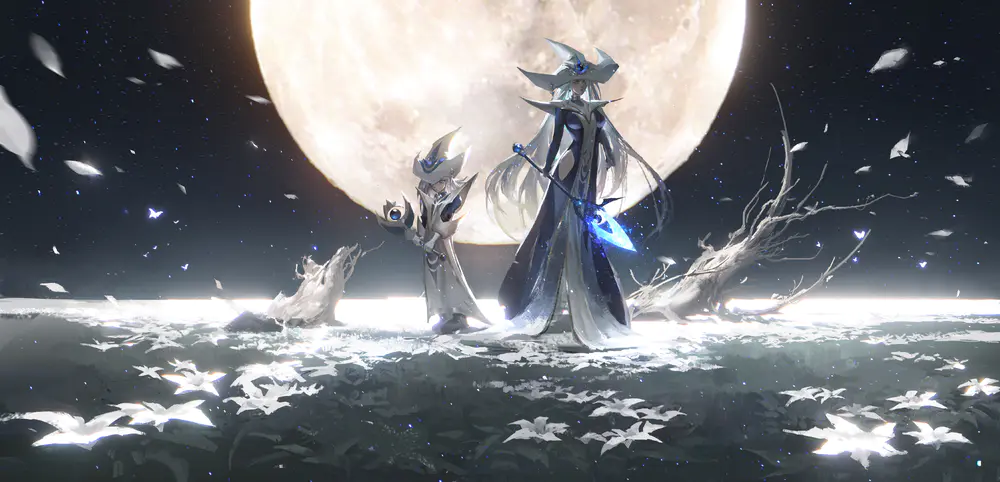 动漫魔术师女孩与月亮下的花瓣花朵 4K高清壁纸