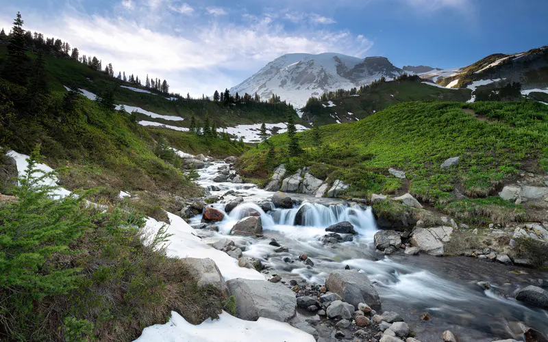 森林 雪山 溪流 石头 草 5K桌面壁纸5120×3200